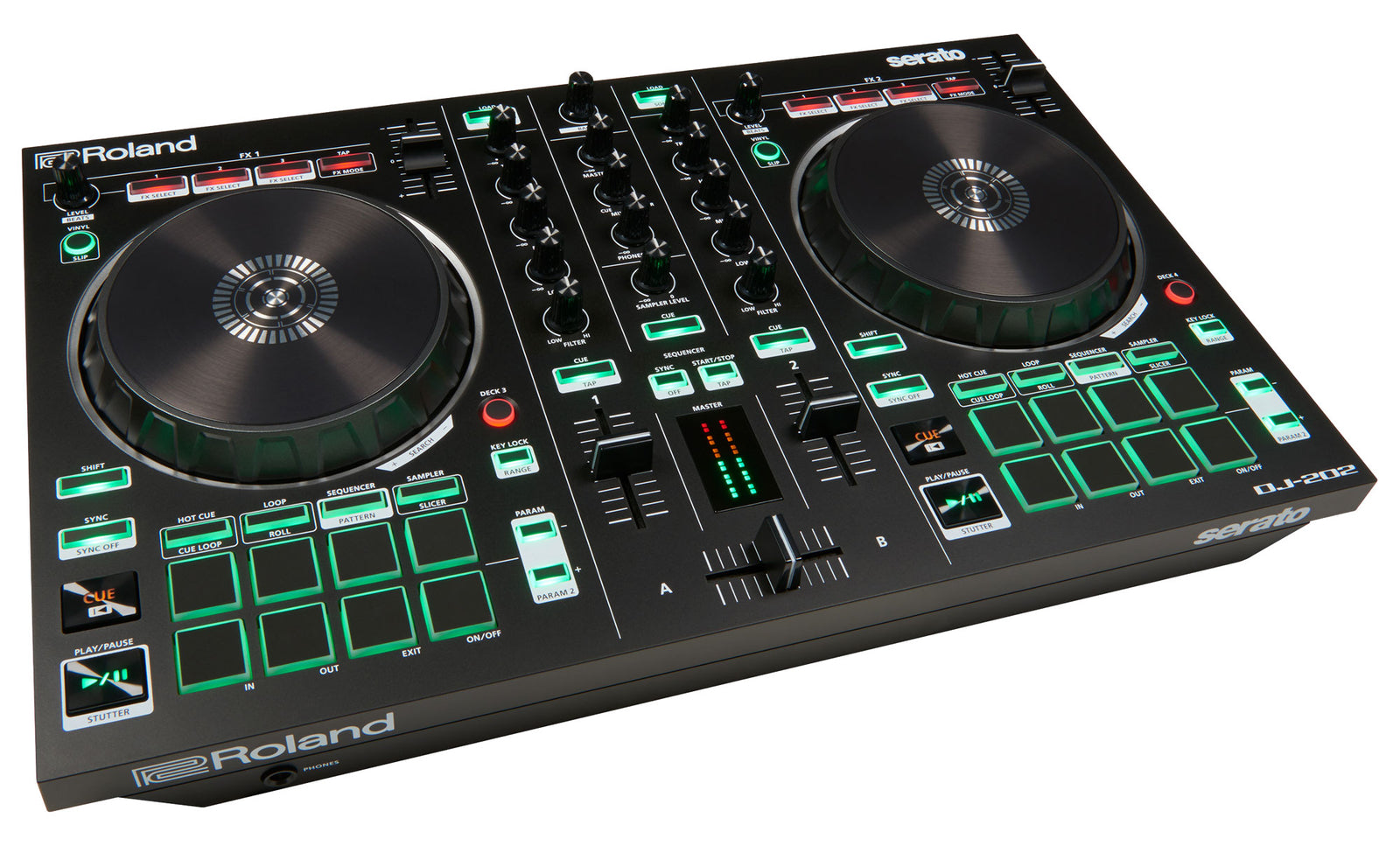 Roland DJ-202 DJ Controller 2-Kanal Mixing Produzieren Scratchen MIDI Mikrofon