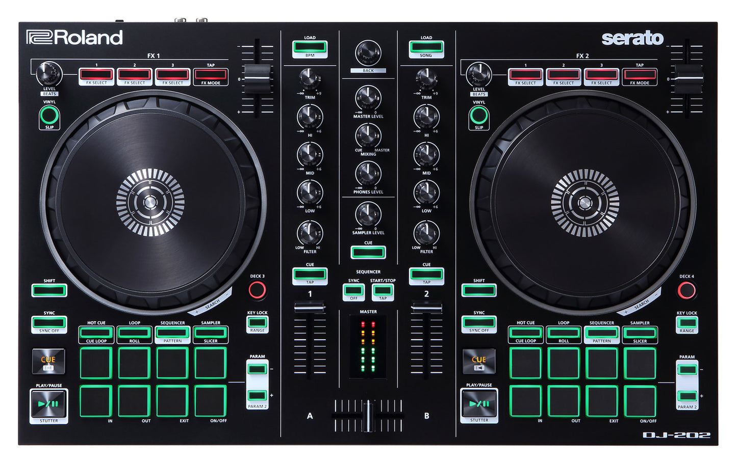 Roland DJ-202 DJ Controller 2-Kanal Mixing Produzieren Scratchen MIDI Mikrofon