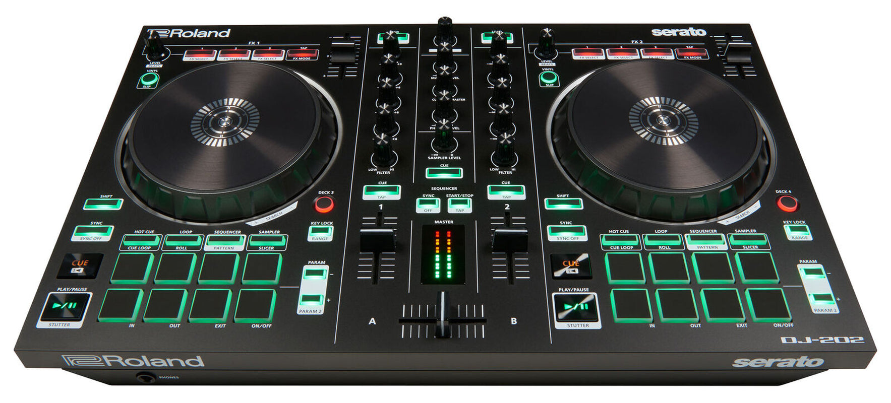 Roland DJ-202 DJ Controller 2-Kanal Mixing Produzieren Scratchen MIDI Mikrofon