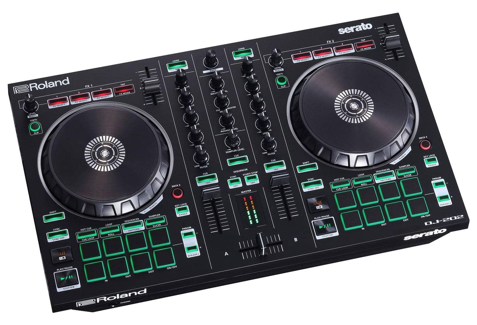 Roland DJ-202 DJ Controller 2-Kanal Mixing Produzieren Scratchen MIDI Mikrofon